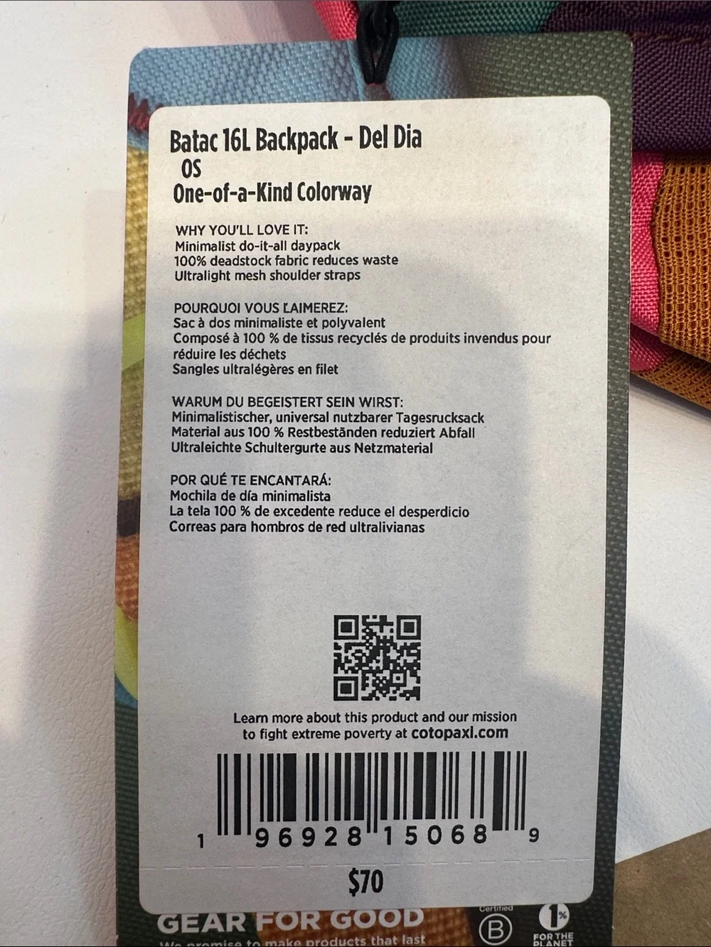 Cotopaxi Batac Del Día 16L Backpack One-of-a-Kind Multicolor Lightweight Daypack